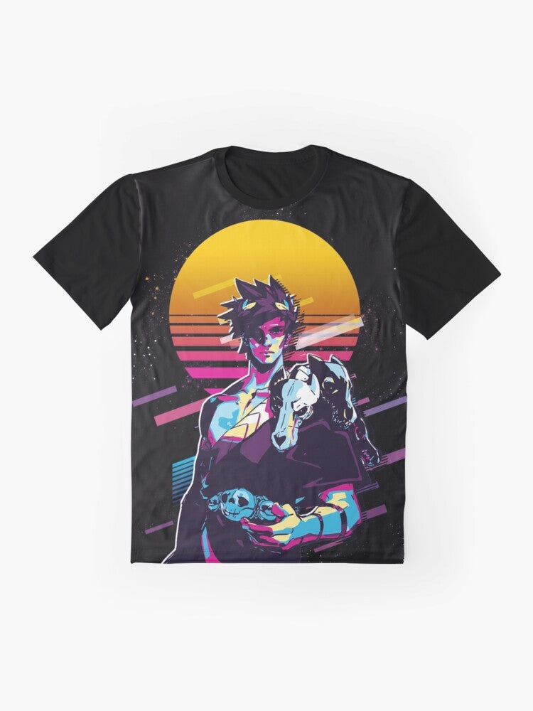 Zagreus - Hades (80s Retro) Graphic T-Shirt, featuring the character Zagreus from the game Hades in a retro, 80s-inspired style. - Flat lay