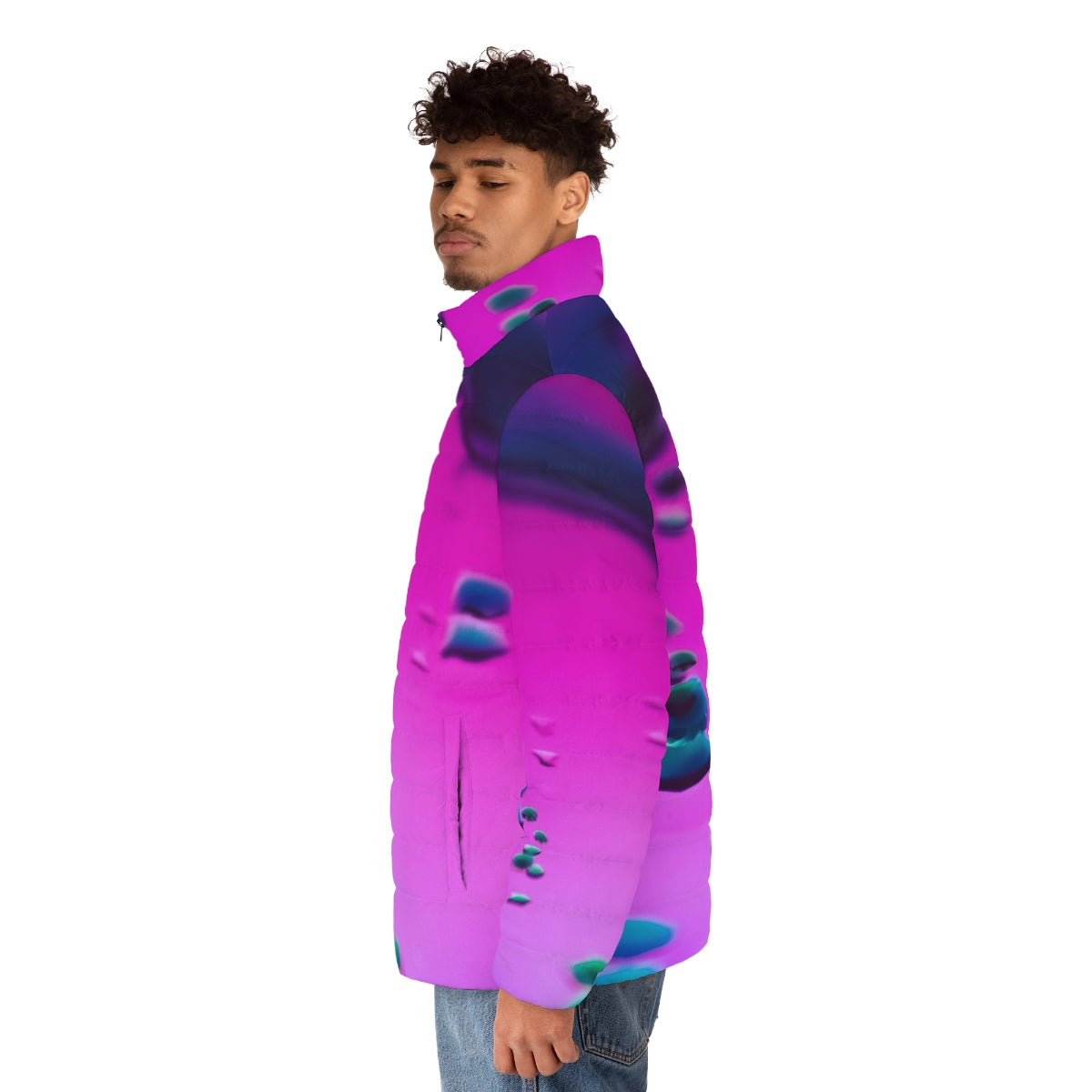 Psychedelic iridescent puffer jacket with trippy, dreamy abstract design - men side left