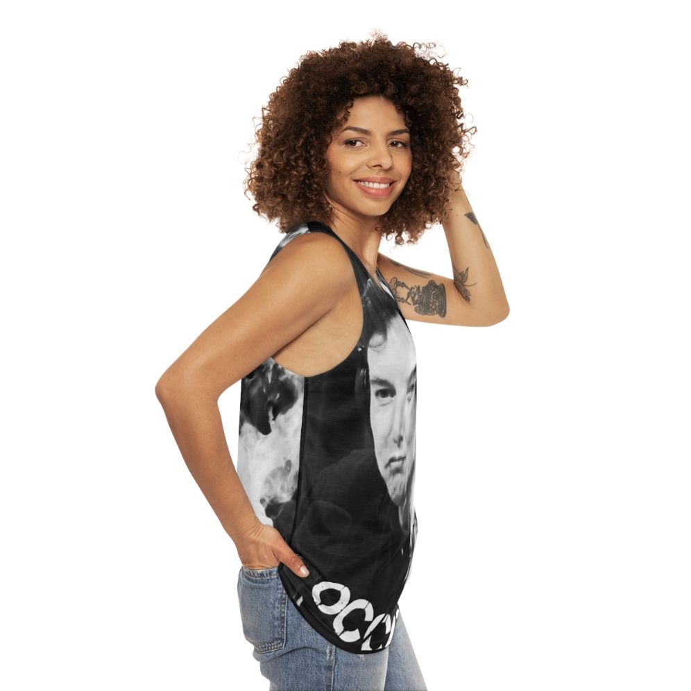 Unisex tank top with Elon Musk inspired smoking design - women side