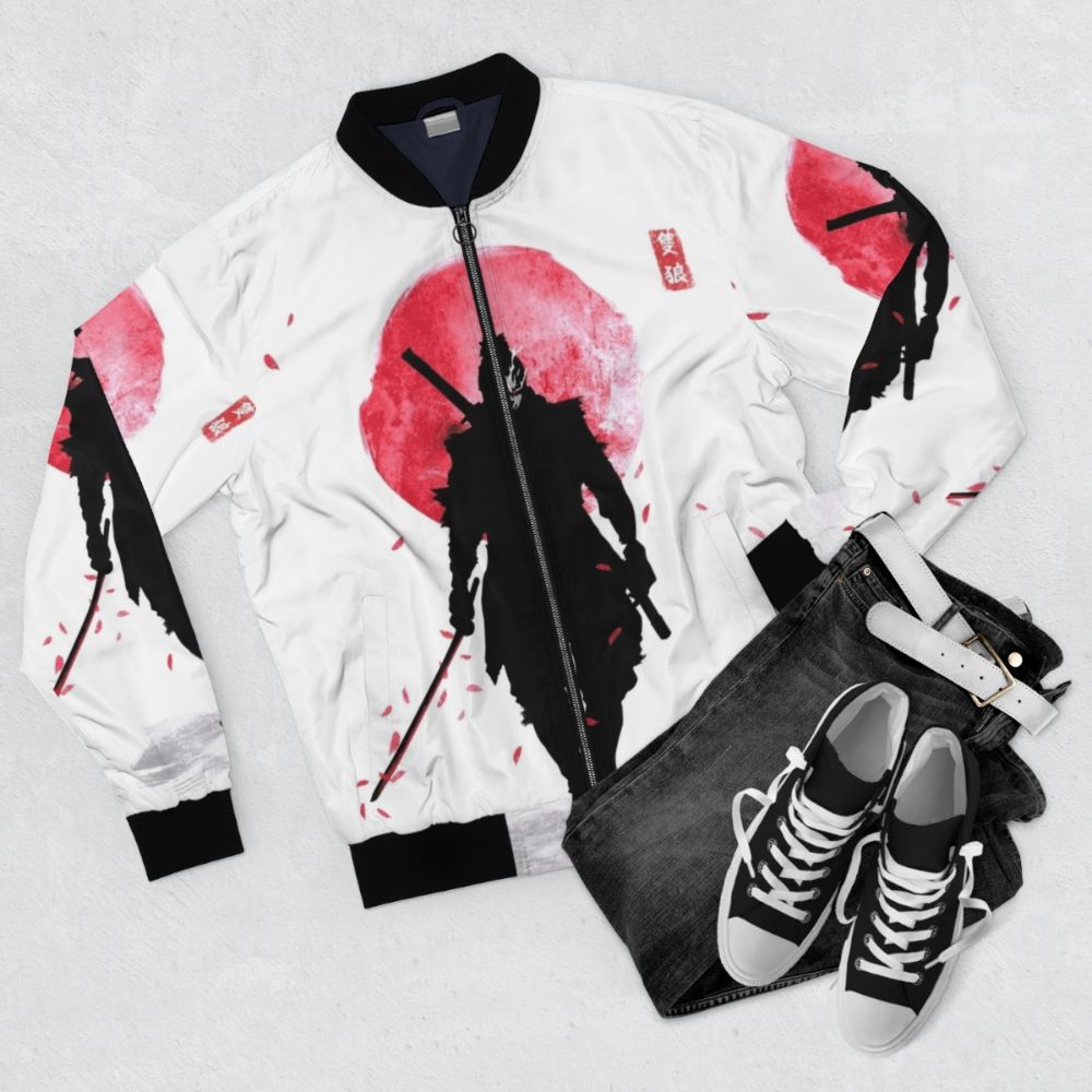 One Armed Wolf Bomber Jacket with Samurai Katana, Kanji, and Sakura Petals Design for Gamers - Flat lay