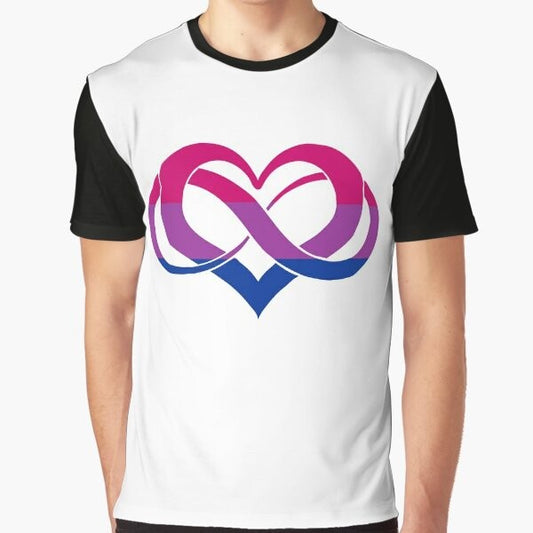 Bisexual pride LGBTQ polyamorous graphic t-shirt with watercolor bi flag, poly heart, and infinity symbol design