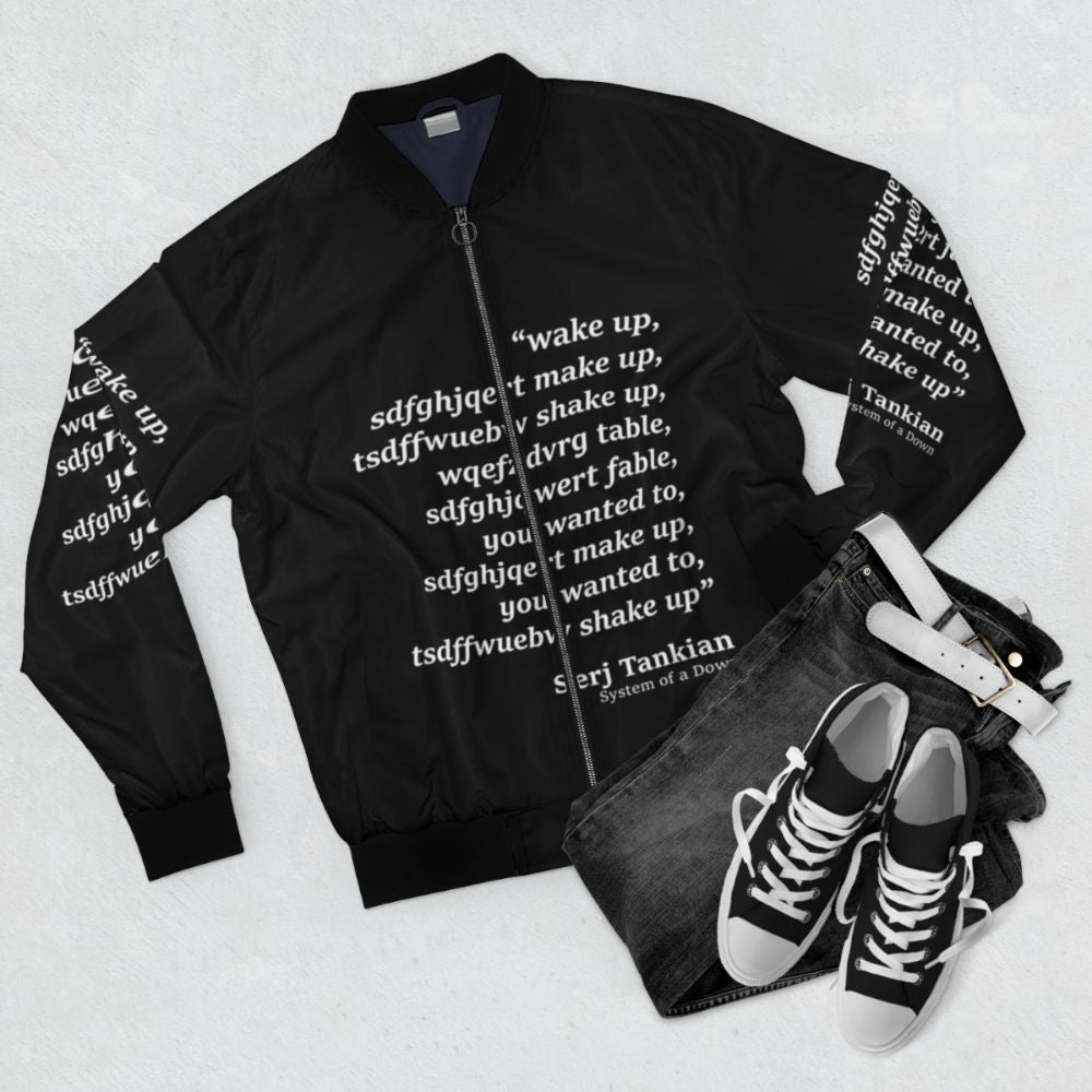 "Wake Up" Bomber Jacket - Stylish and Humorous Outerwear Inspired by the Song Lyrics of System of a Down - Flat lay