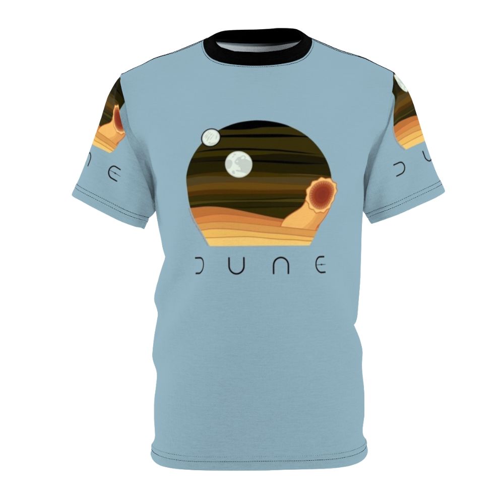 Dune-inspired t-shirt with a minimalist design featuring a desert night scene and a sandworm from the Dune science fiction franchise.