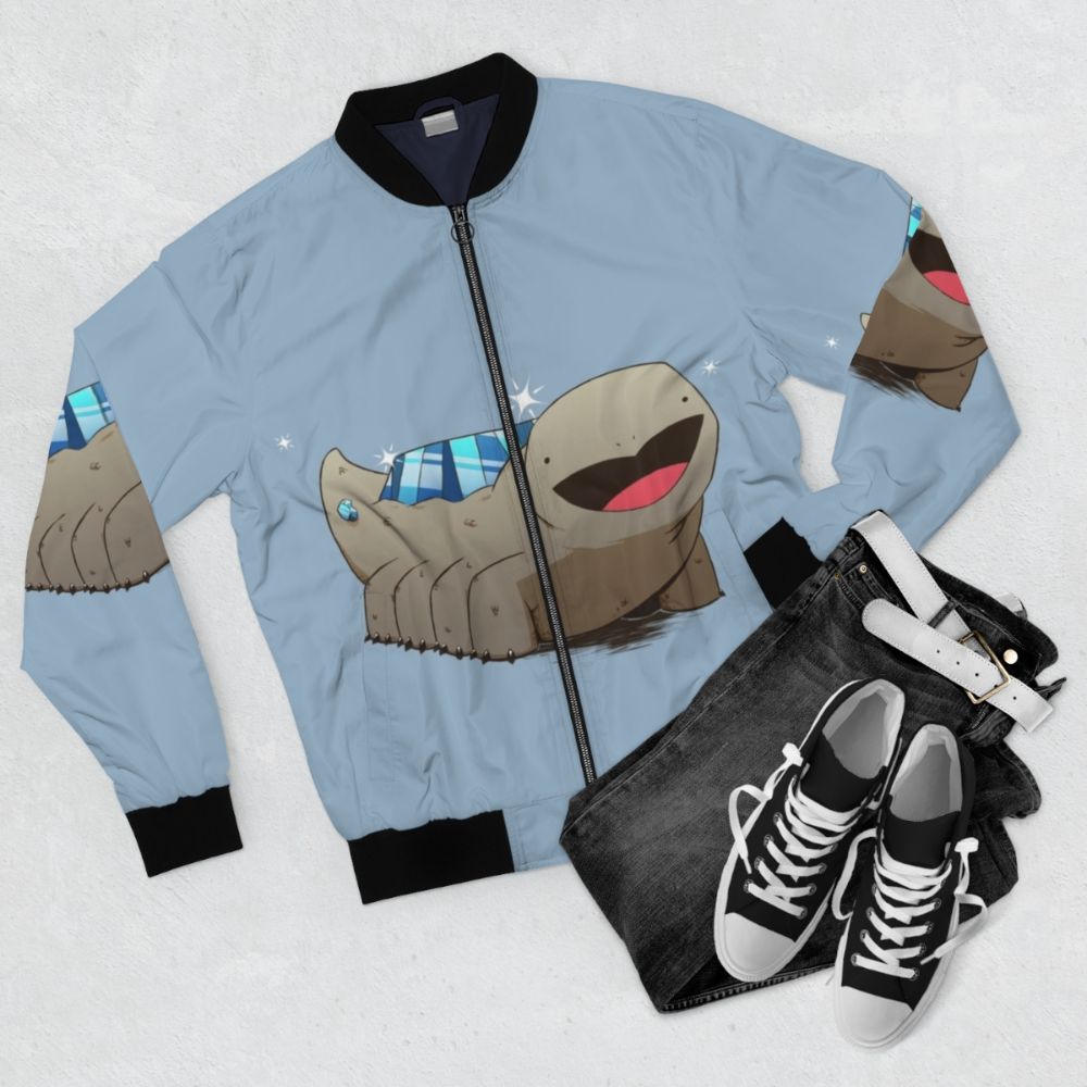 Dark Souls inspired crystal lizard bomber jacket with a shimmering, sparkly design - Flat lay