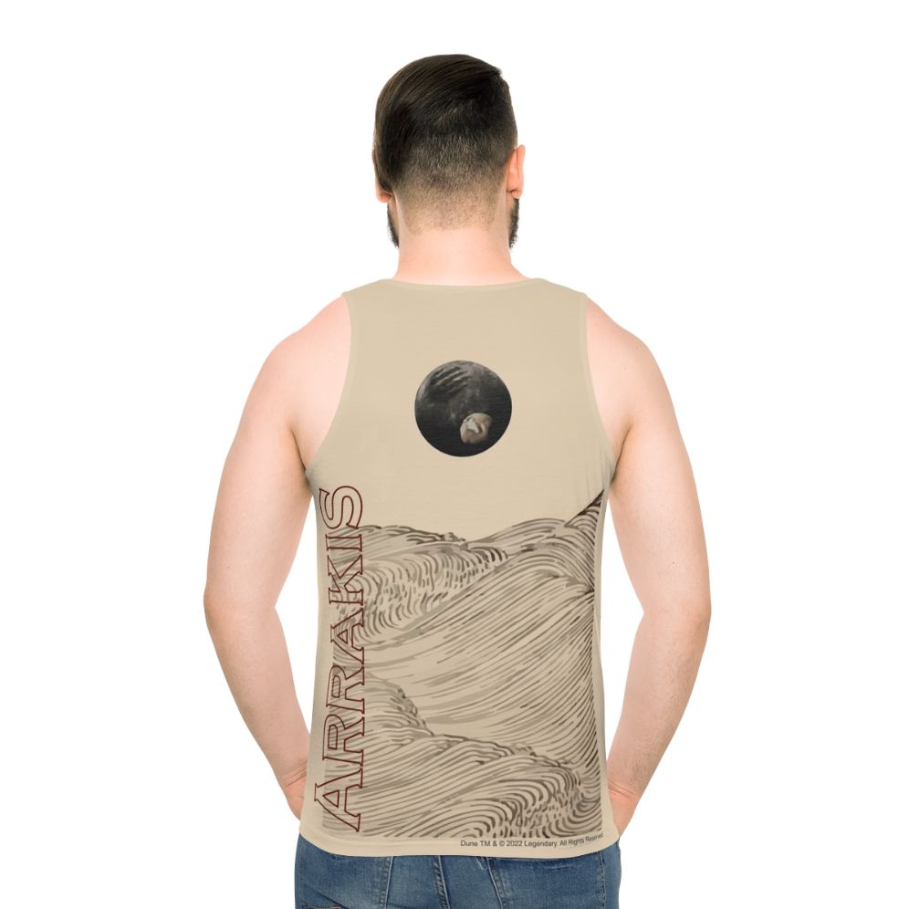 Dune inspired unisex tank top with desert landscape design - men back