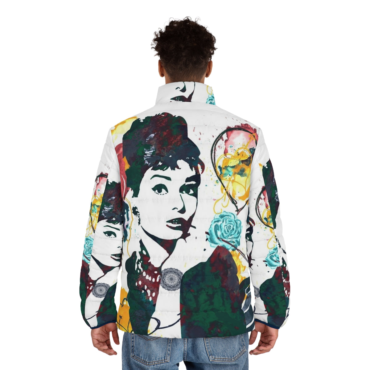 Audrey Hepburn wearing a nature-inspired puffer jacket - men back