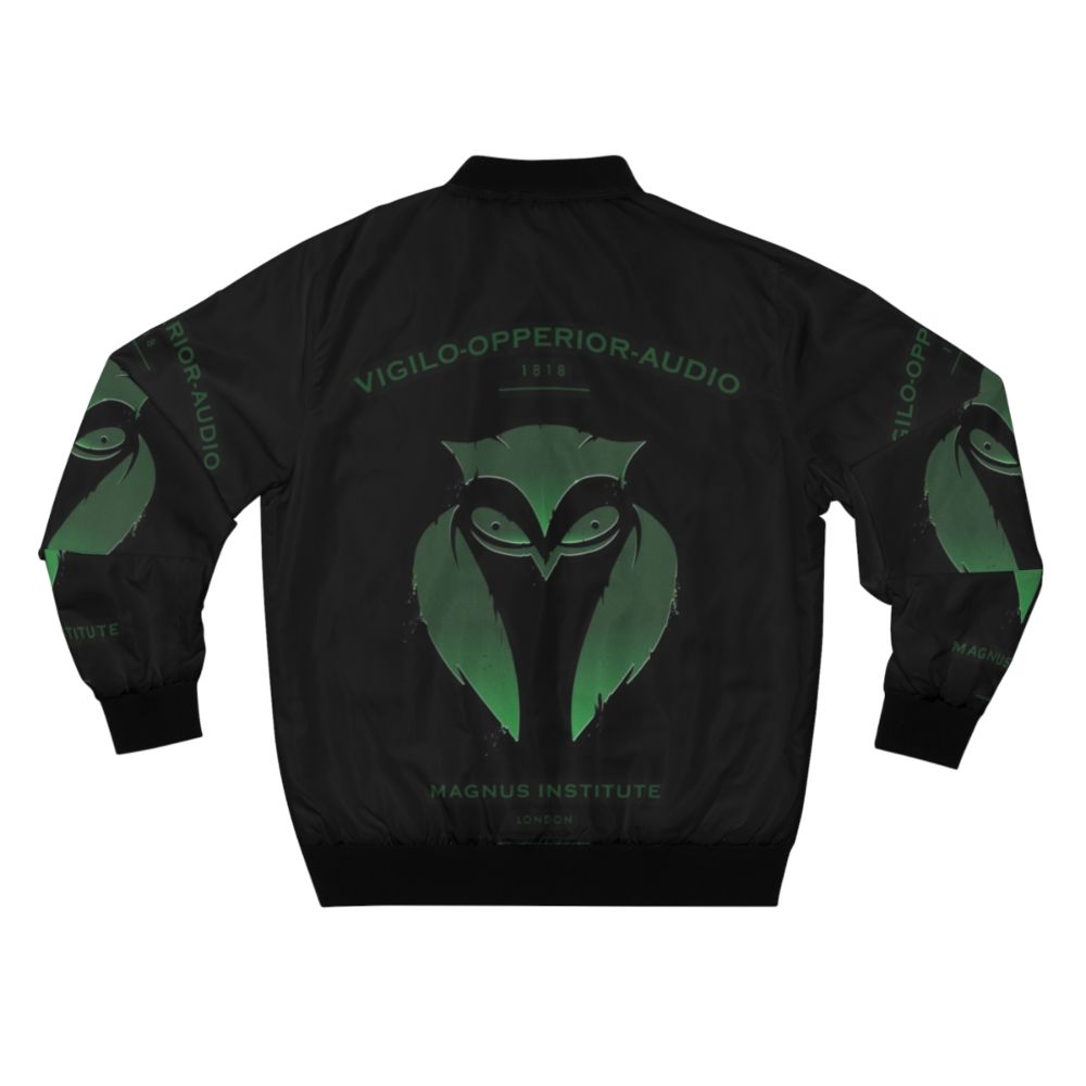 Dark bomber jacket with podcast, horror, and gothic design elements - Back