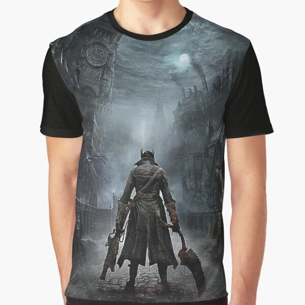 Bloodborne-inspired graphic t-shirt featuring dark fantasy and horror imagery