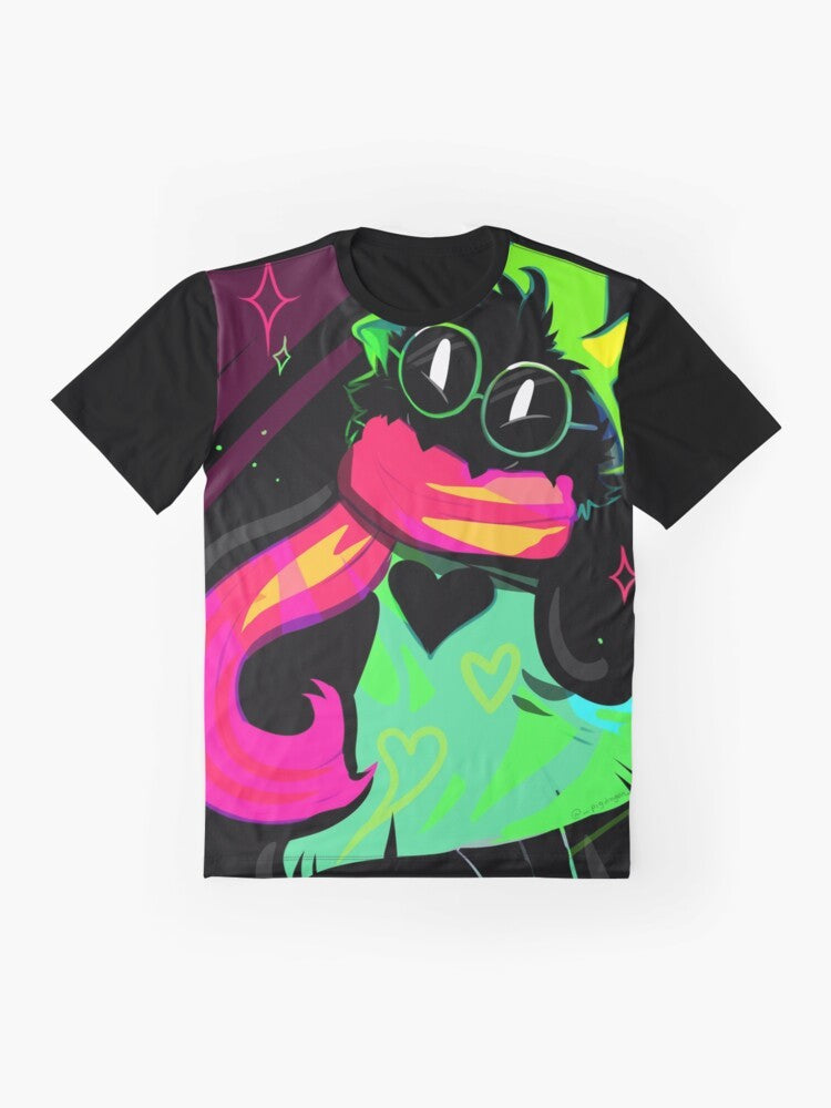 Ralsei, the fluffy goat wizard from Undertale and Deltarune, featured on a vibrant, neon-colored graphic t-shirt - Flat lay