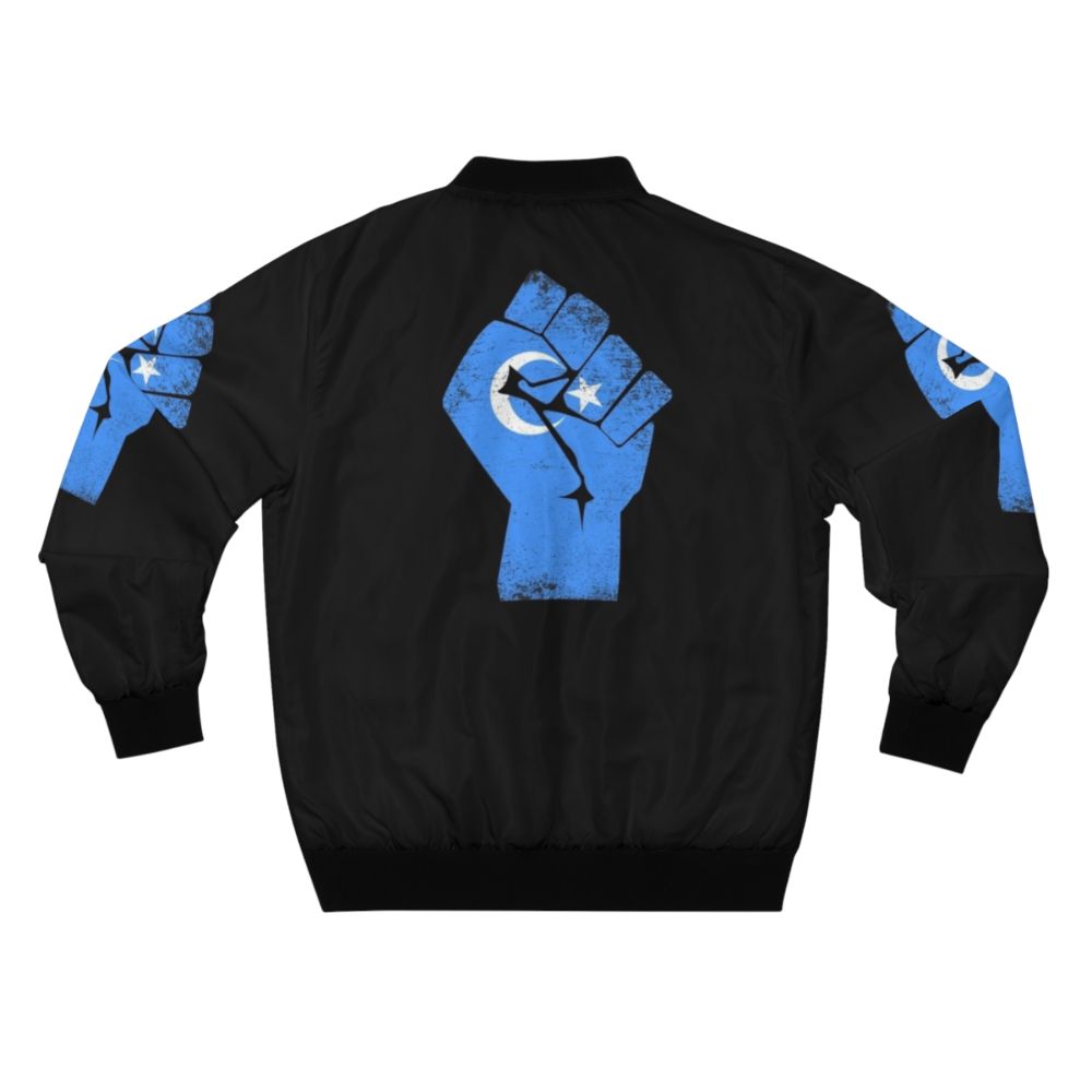 Free the Uyghurs bomber jacket with text and graphics supporting the Uyghur people - Back