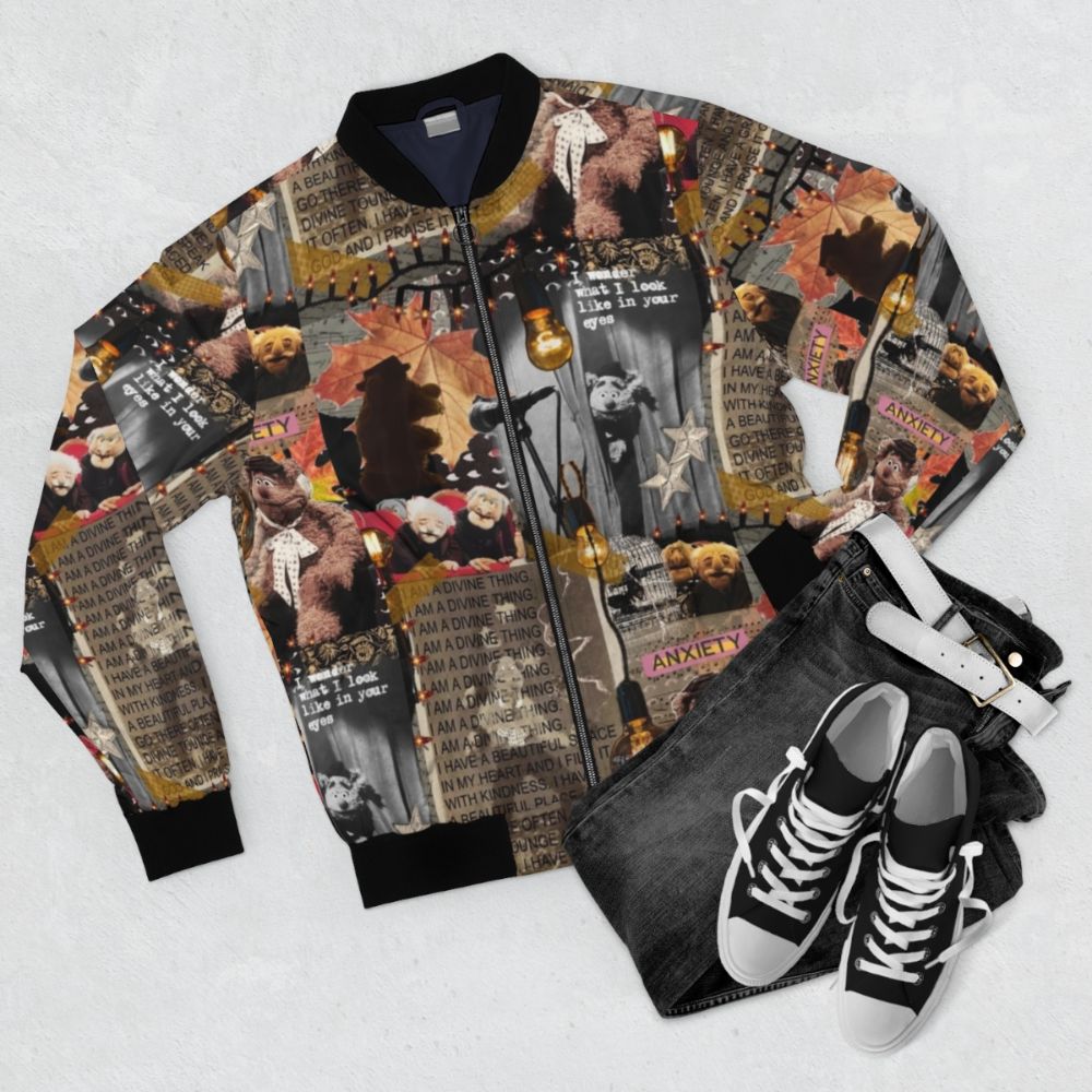 Collage art bomber jacket featuring the Muppets character Fozzie - Flat lay