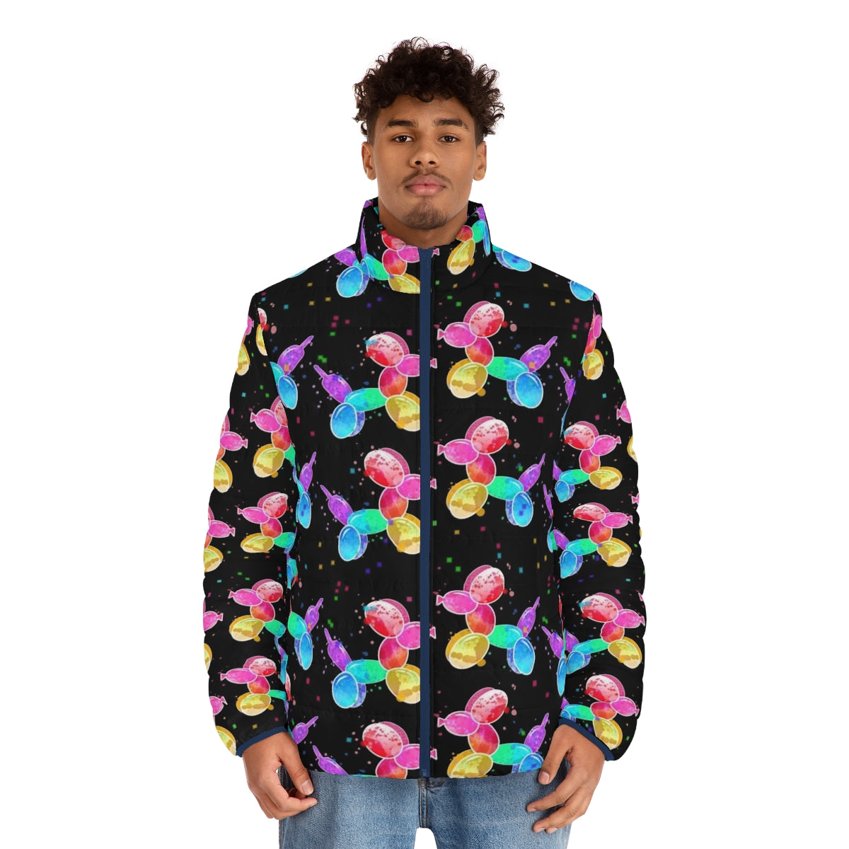 Puffer jacket featuring colorful watercolor balloon dog graphic - men front