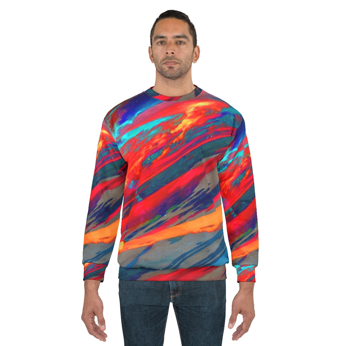 Cosmic Nebula Sweatshirt featuring a vibrant galaxy design - men