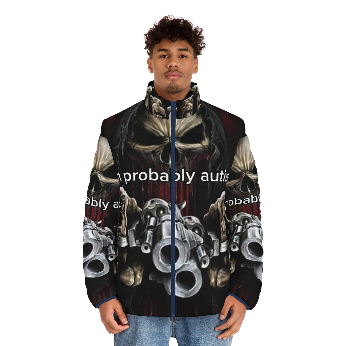 Autistic puffer jacket featuring a skeleton design and dark humor elements - men front