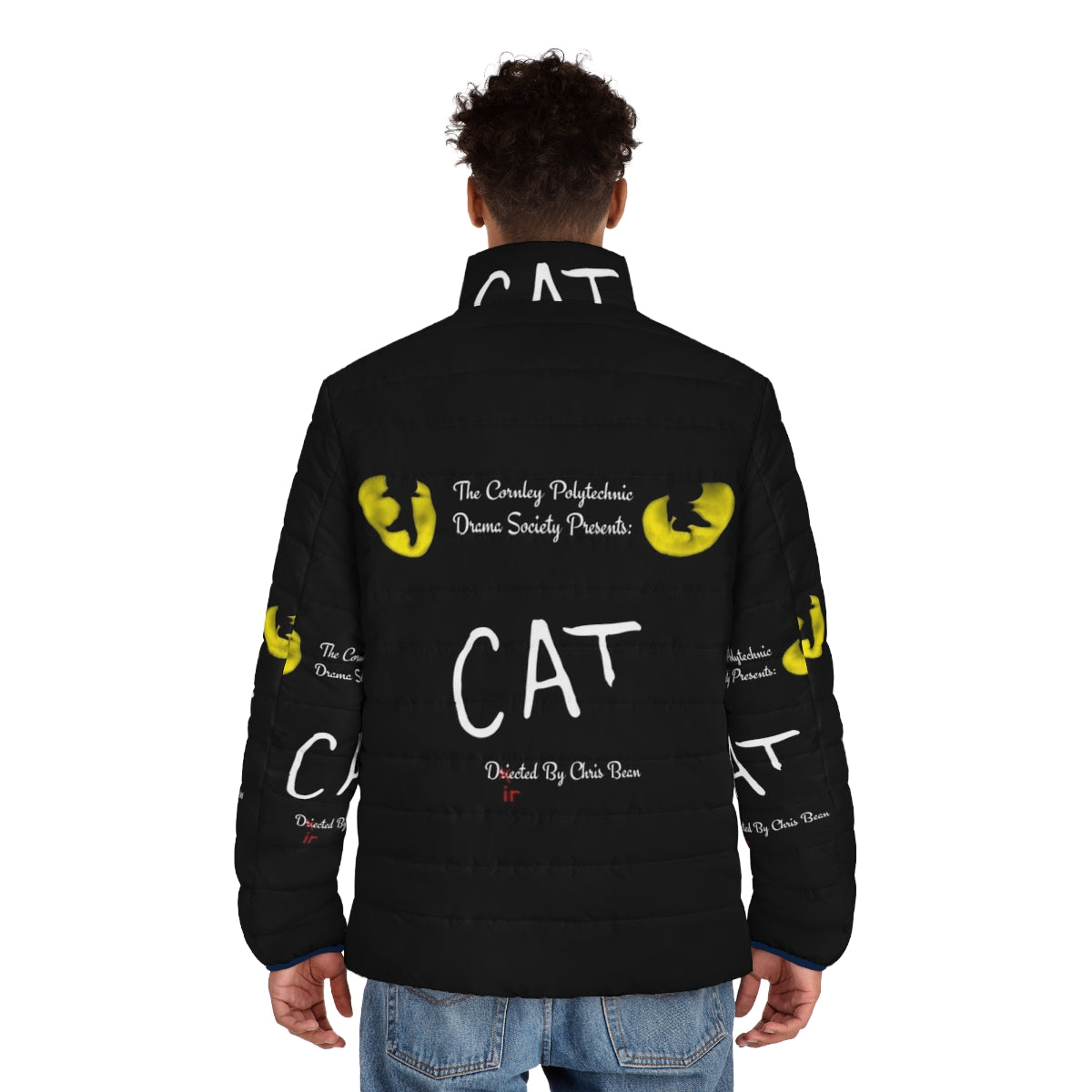 A cozy puffer jacket featuring a playful cat design inspired by the comedy 'The Play That Goes Wrong'. - men back