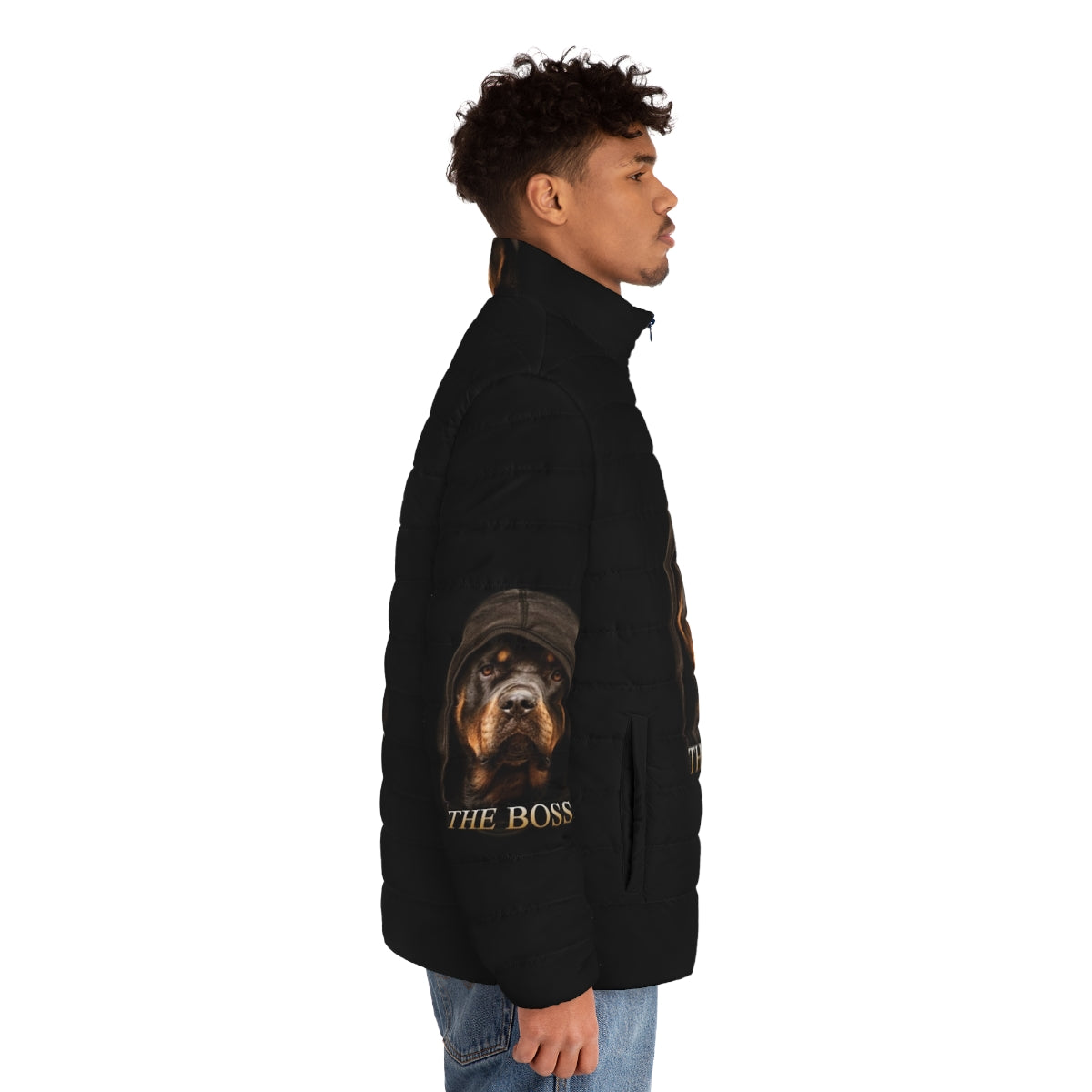 Rottweiler wearing a stylish puffer jacket by Zilly Co - men side right