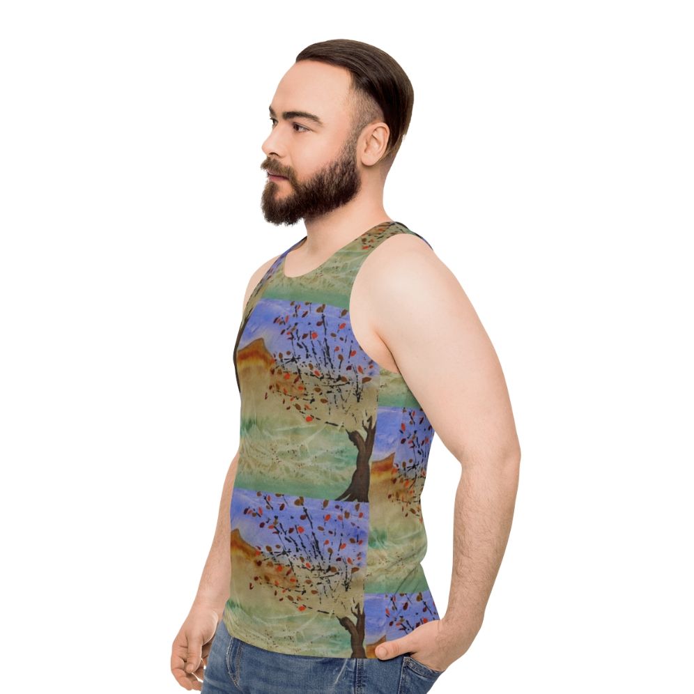 Windswept unisex tank top featuring a scenic landscape - men side