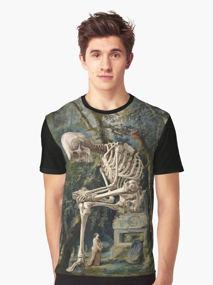 Surreal portrait graphic t-shirt design featuring a surreal, pop surrealist illustration with a skull or skeleton motif. - Men