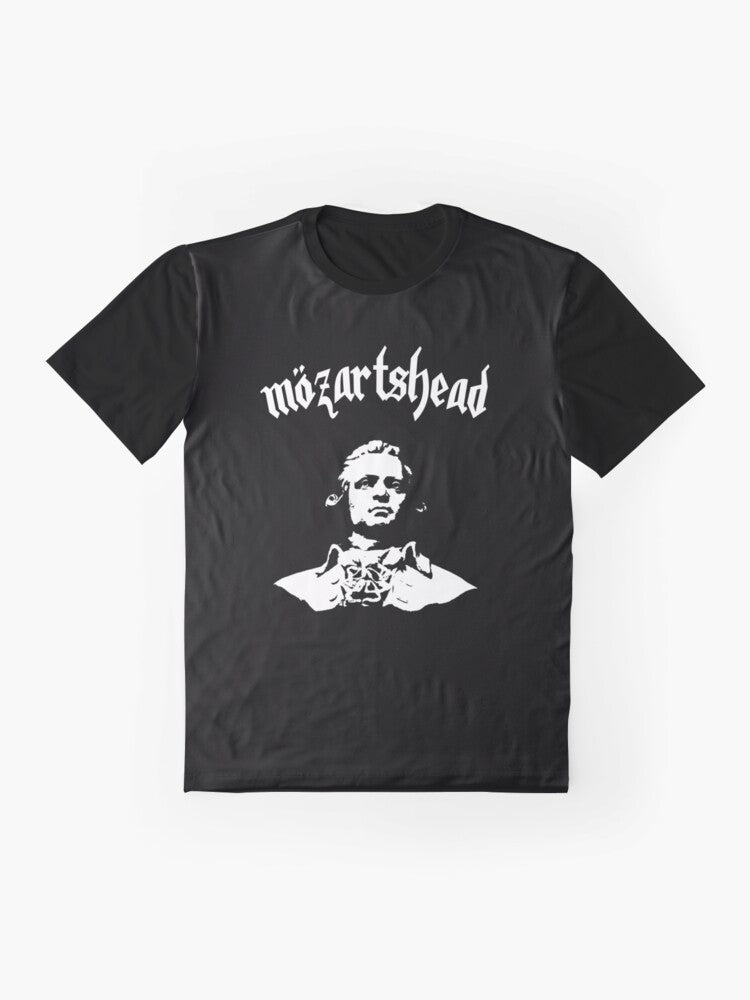 Graphic t-shirt featuring a portrait of the classical composer Wolfgang Amadeus Mozart - Flat lay