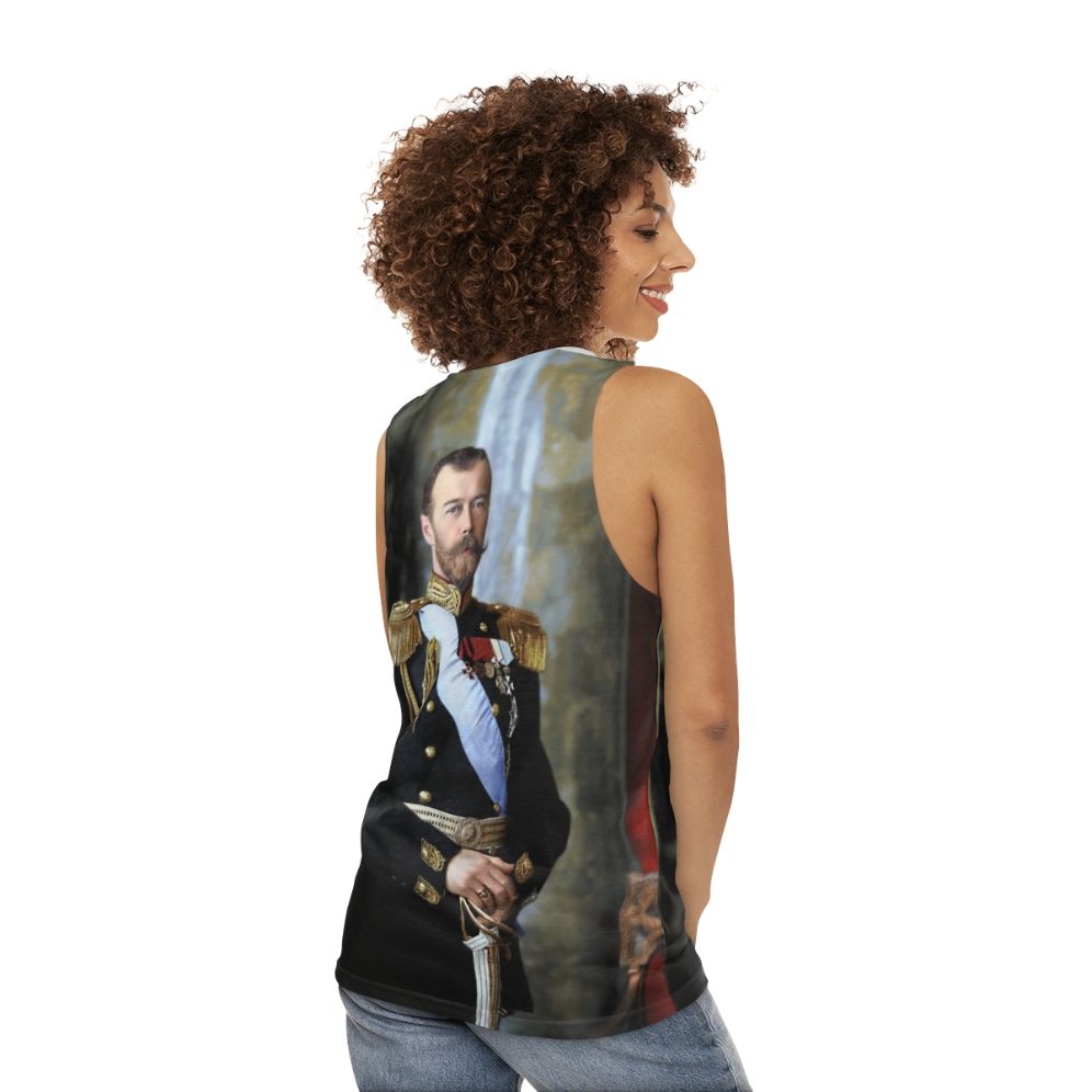 Unisex tank top featuring a historical portrait of Czar Nicholas II of Russia - women back