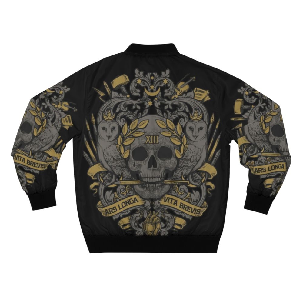 Ars Longa, Vita Brevis Artist's Bomber Jacket with coat of arms design, heraldic elements, and artistic motifs. - Back