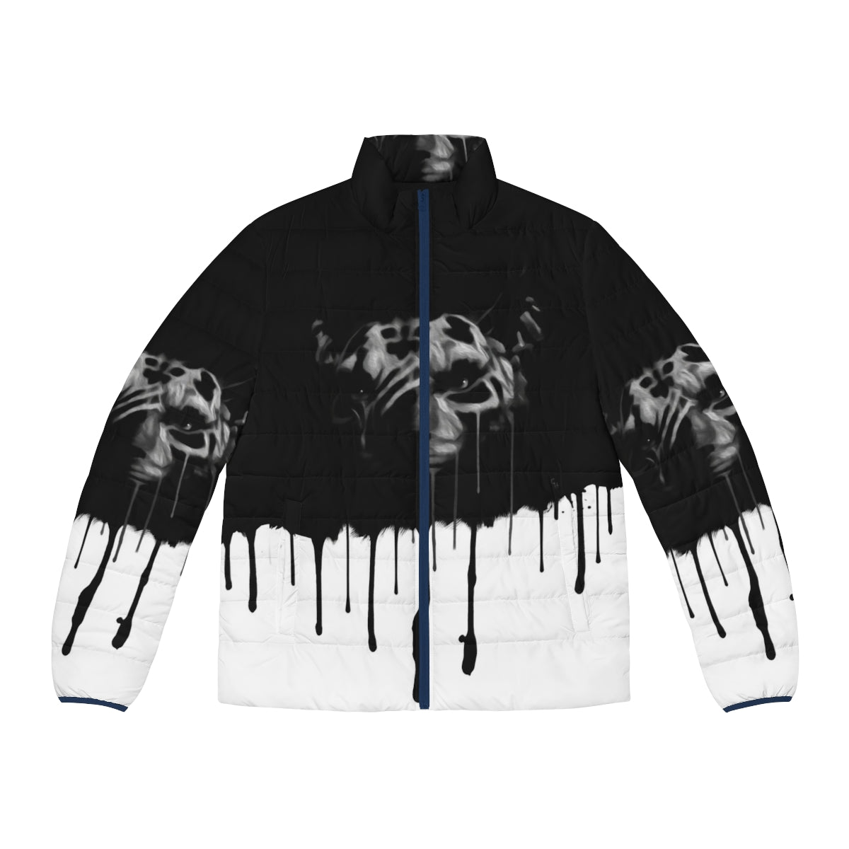 Inigo Messy Running Puffer Jacket with black and white splatter pattern