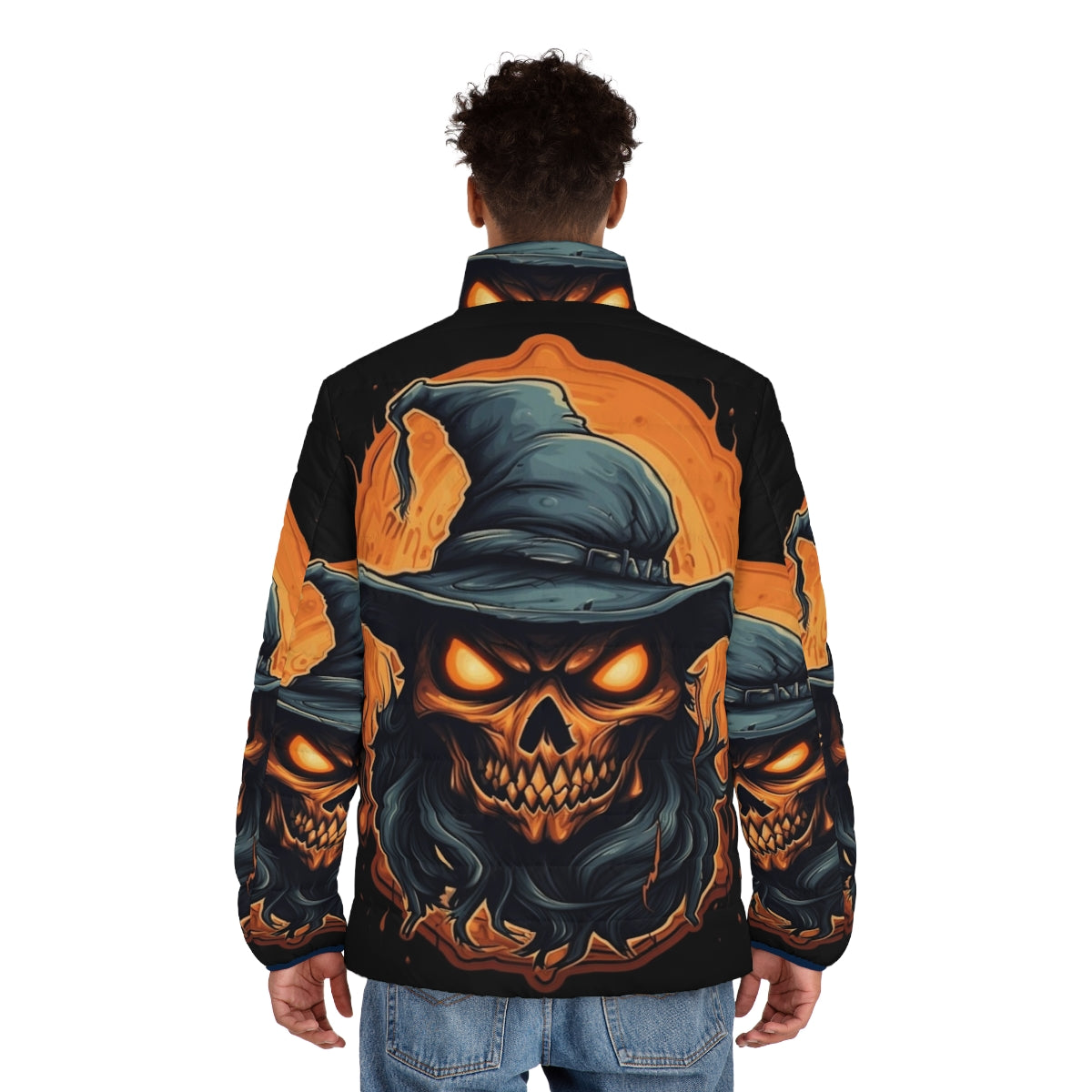 Skeletor Death Wizard Puffer Jacket with Burning Skull Design - men back