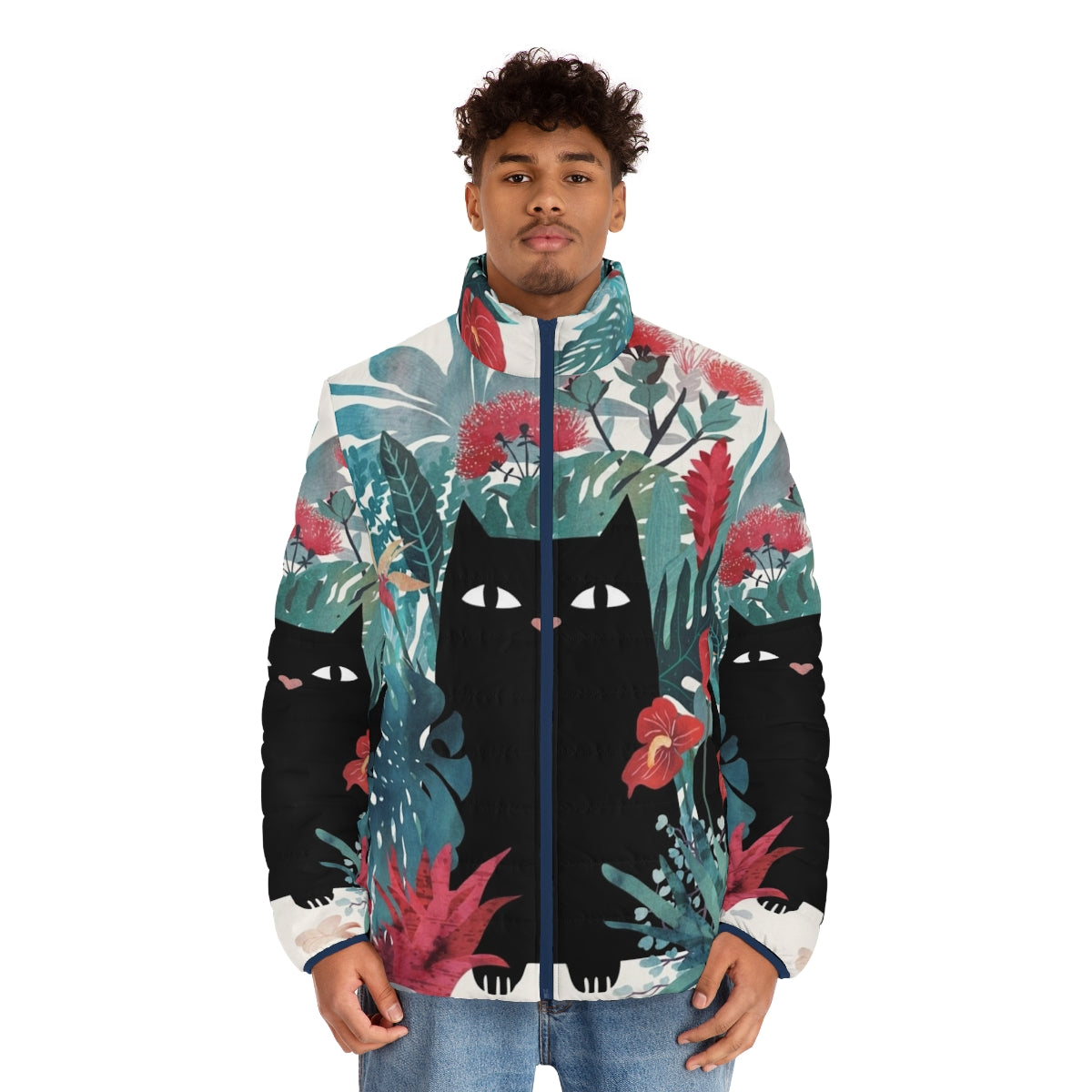 Black cat wearing a puffer jacket with tropical floral design - men front