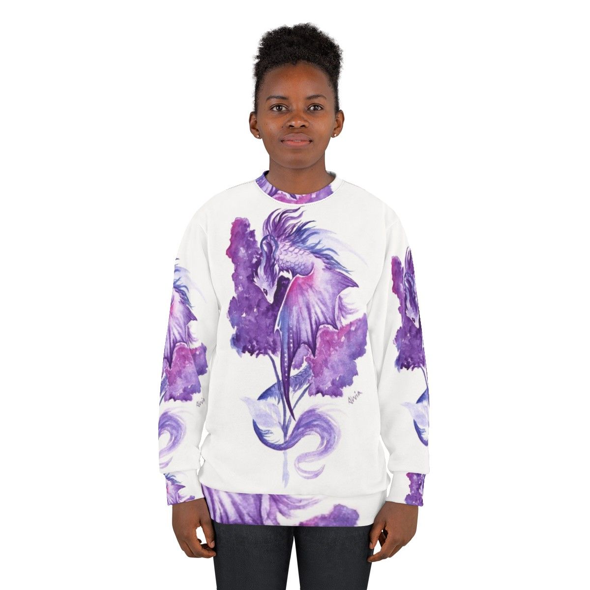 Lilac dragon sweatshirt with fantasy floral watercolor design - women