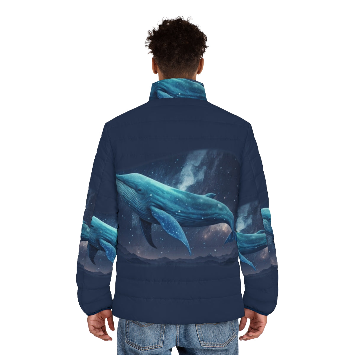 Mythical sea creatures puffer jacket featuring fantasy beasts and enchanted animals - men back