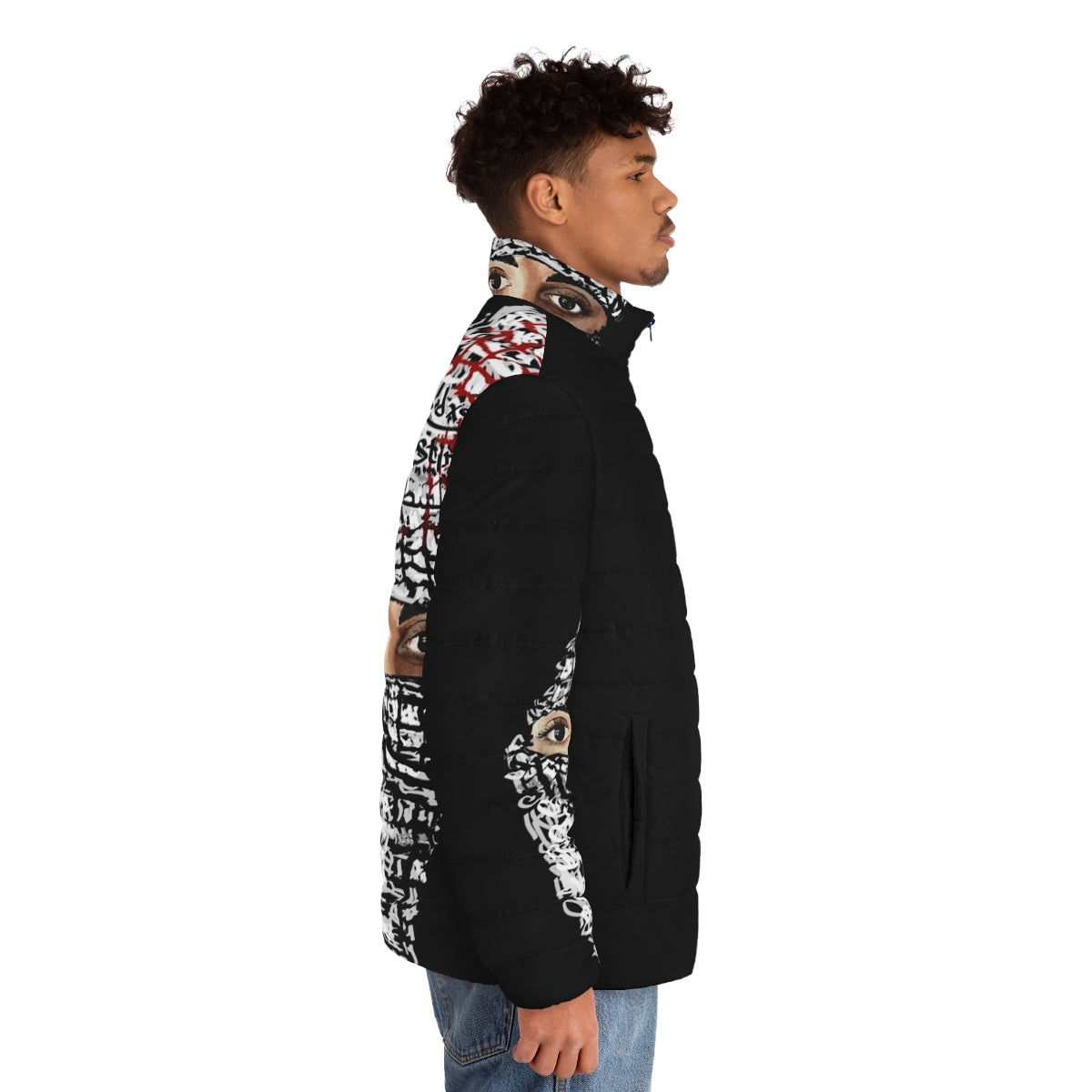 Palestinian puffer jacket with focus on conflict, human rights, and activism - men side right