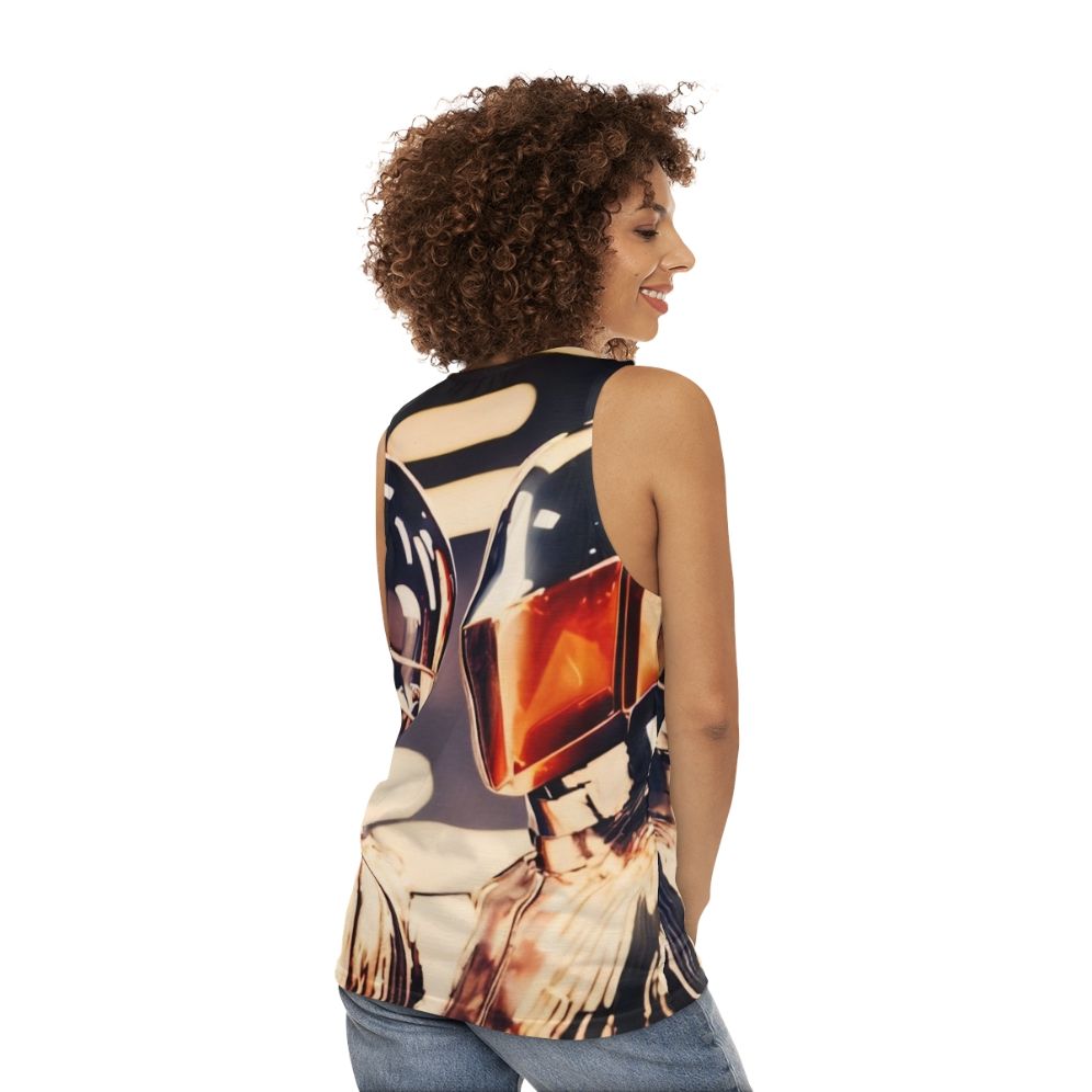 Unisex retro 70s disco tank top with robot design - women back