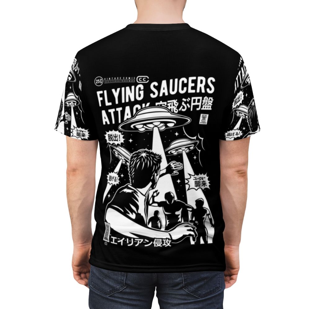 Vintage inspired UFO cartoon design on a t-shirt - men back