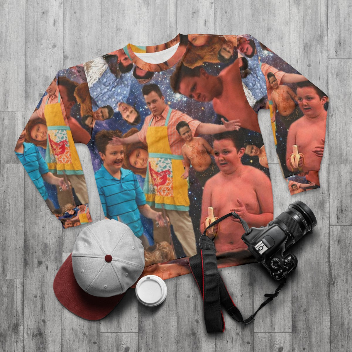 Gibby from iCarly character graphic on a grey sweatshirt - flat lay