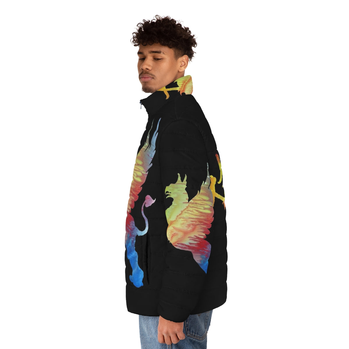 Gryphon Puffer Jacket with abstract watercolor painting of a legendary mythological creature - men side left