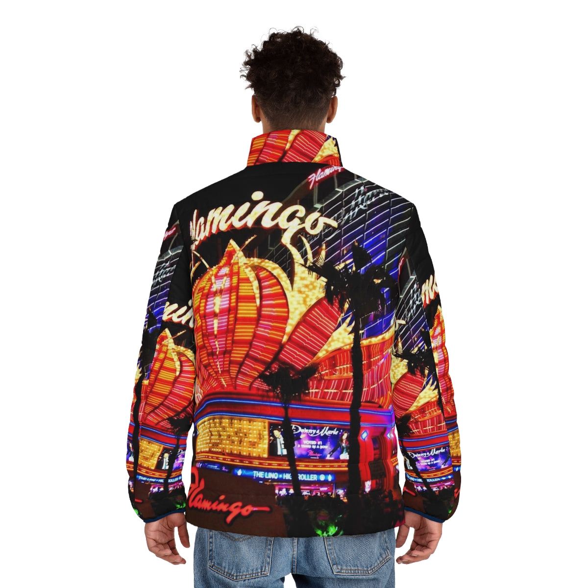 American puffer jacket featuring colorful Flamingo Las Vegas neon signs - men back