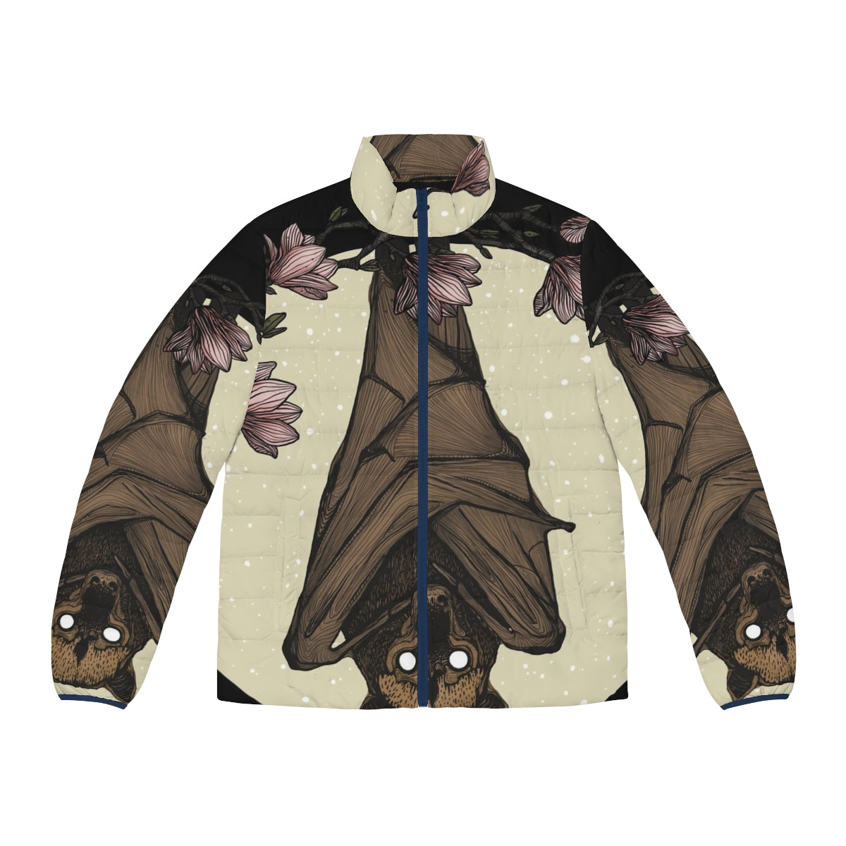 Bat print puffer jacket with a spooky and wildlife-inspired design