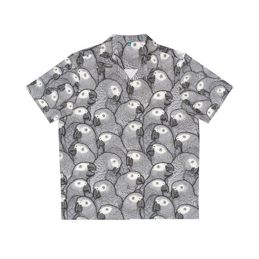 Colorful Hawaiian-style shirt featuring African grey parrots