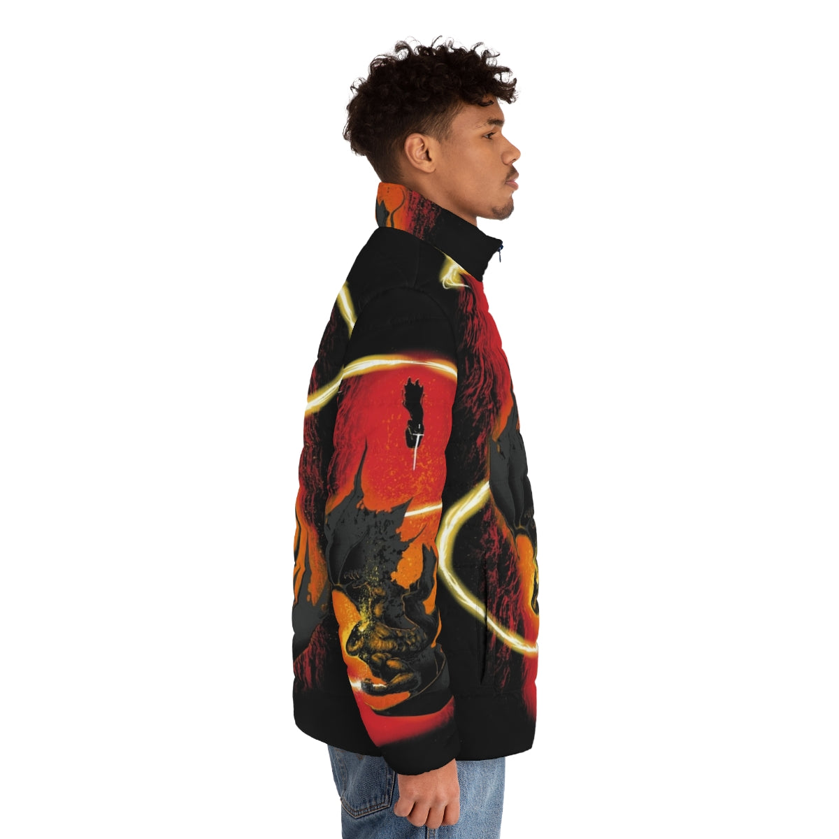 A cozy puffer jacket inspired by the wizardry of Gandalf, featuring a striking demon design. - men side right