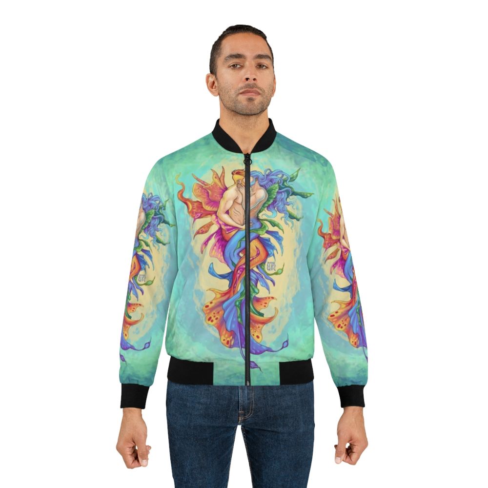 Merman bomber jacket featuring a pride-themed fantasy kiss design - Lifestyle