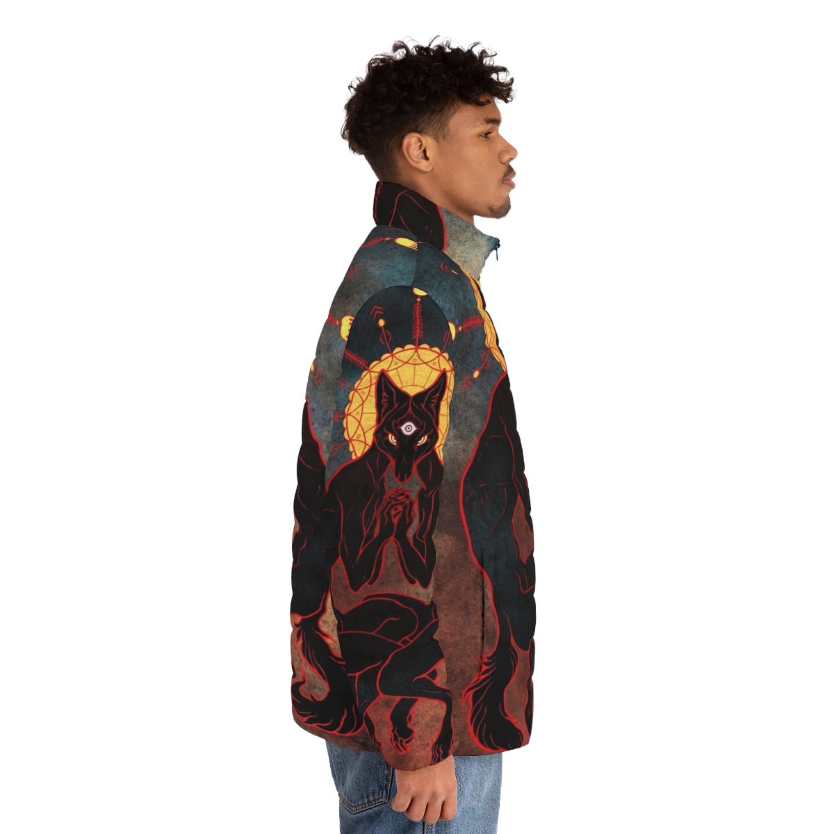 A trippy puffer jacket with a third eye design, representing shared consciousness and twin spirit. - men side right