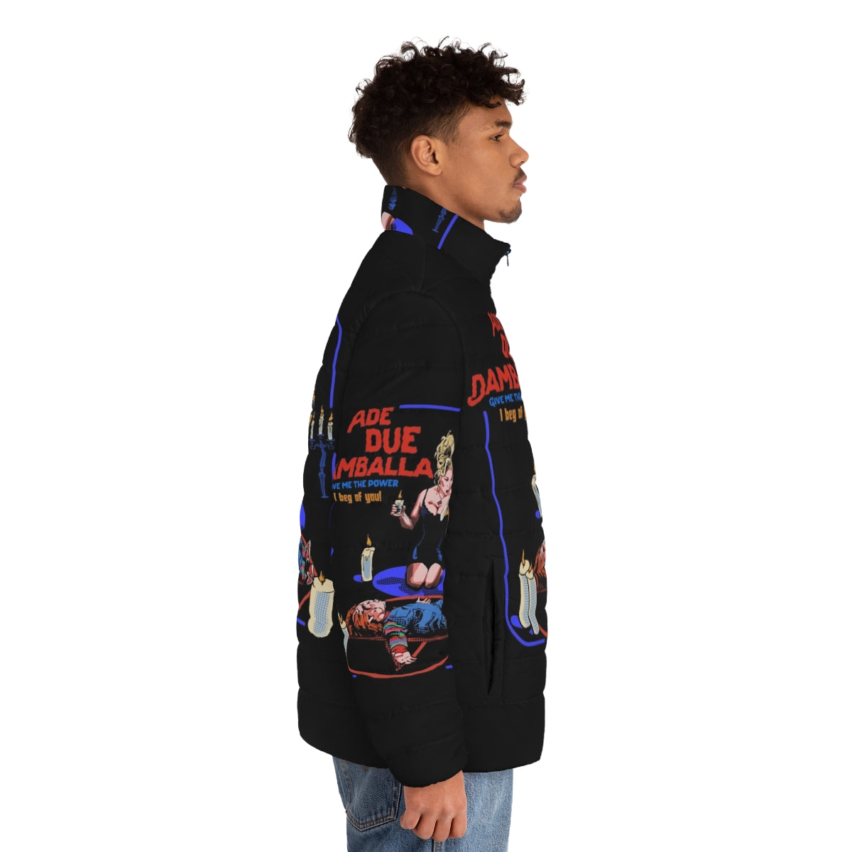 Ade Due Damballa Puffer Jacket featuring Chucky and Tiffany from the Bride of Chucky movie - men side right