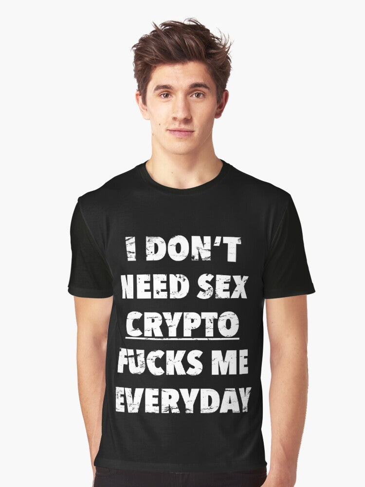 Vintage style graphic t-shirt with the text "Crypto Fucks Me Everyday" - a humorous and satirical take on the cryptocurrency industry. - Men