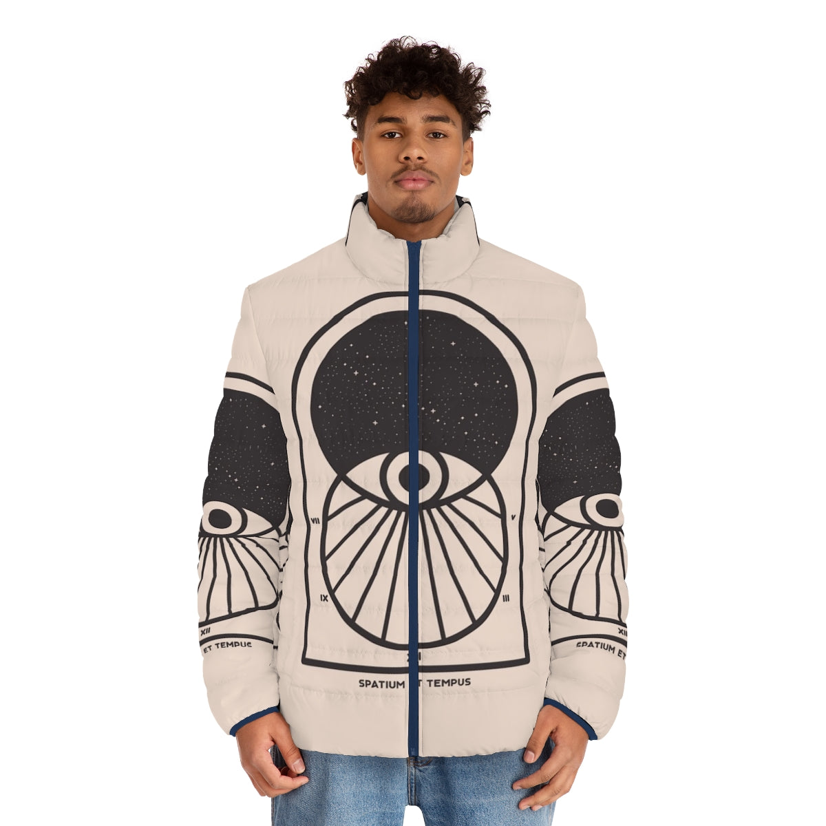 Futuristic space and time puffer jacket with minimalist art design - men front