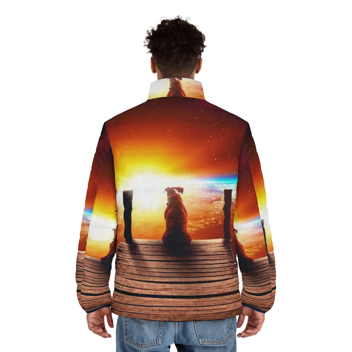 Surreal digital art puffer jacket with a dog in a space-like setting - men back