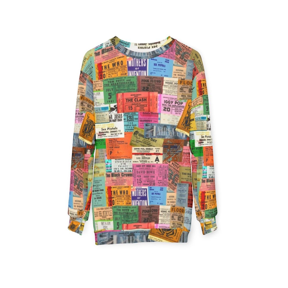 Vintage concert sweatshirt with ticket stubs design - hanging