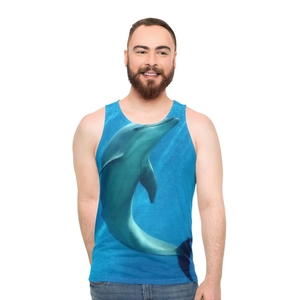 Dolphin unisex tank top with vibrant colors and nature-inspired design - men