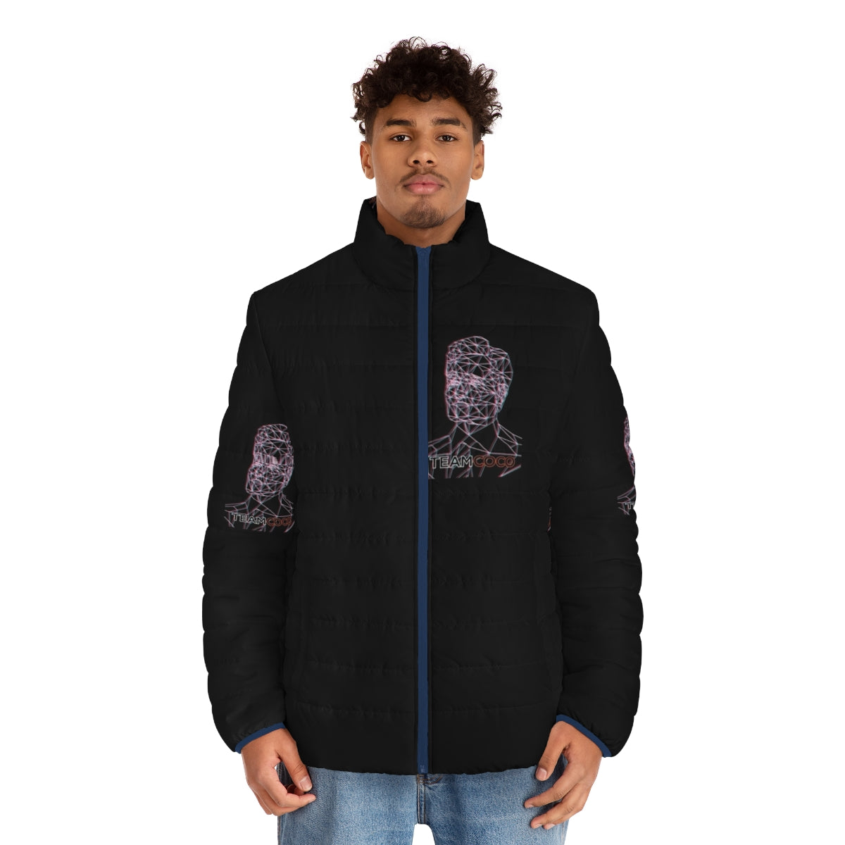 Conan O'Brien Anaglyph Puffer Jacket with vector line art portrait - men front