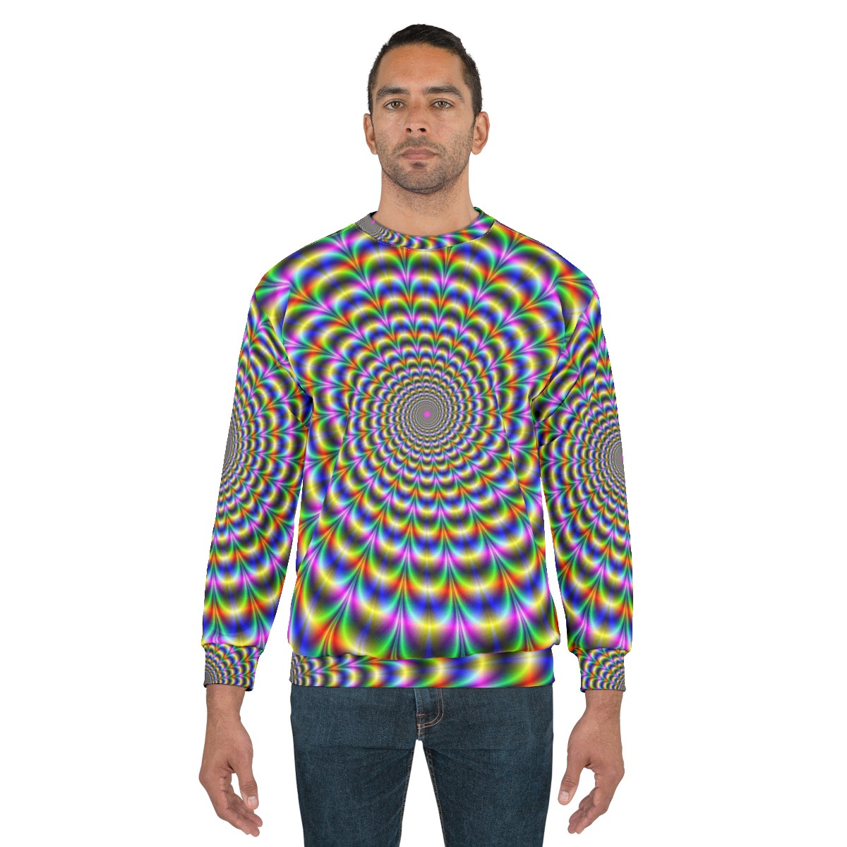 Psychedelic swirl pattern sweatshirt with vibrant, trippy graphics - men