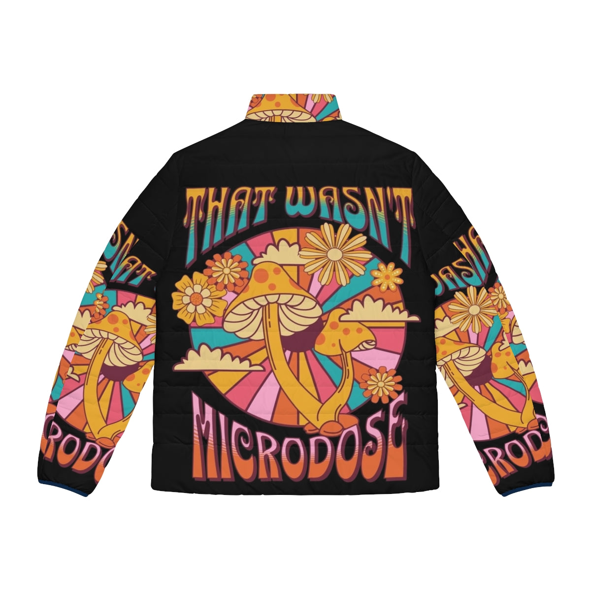 Psychedelic puffer jacket with vibrant, trippy patterns inspired by mushrooms and microdosing - Back